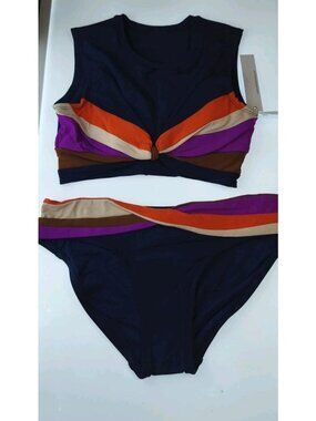 NWT Robin Piccone Bikini Set M Navy Colorblock Twist Knot Top Orange Purple
